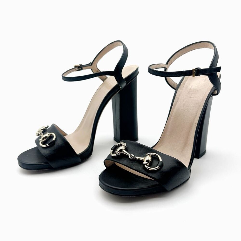 GUCCI Horsebit Black Leather Heeled Sandal Size 38 Leather Block Claudie